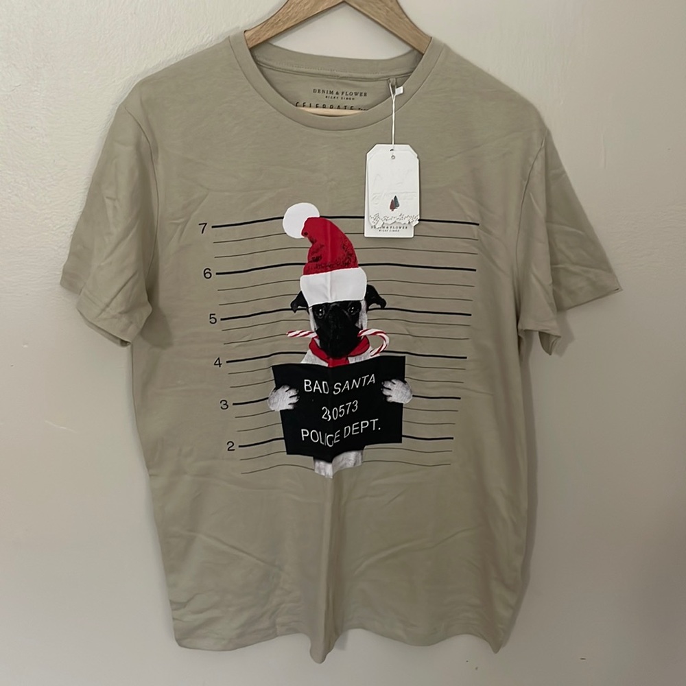 NWT Denim & Flower Bad Santa Pug Tee. Size medium